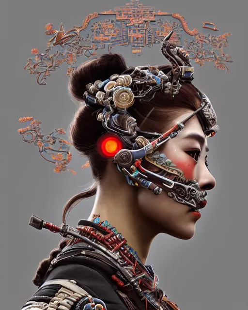 Image similar to portrait of a machine from horizon zero dawn, machine face, upper half portrait, decorated with chinese opera motifs, asian, bian lian, traditional chinese art, intricate, elegant, highly detailed, digital painting, artstation, concept art, smooth, sharp focus, illustration, art by artgerm and greg rutkowski and alphonse mucha, 8 k