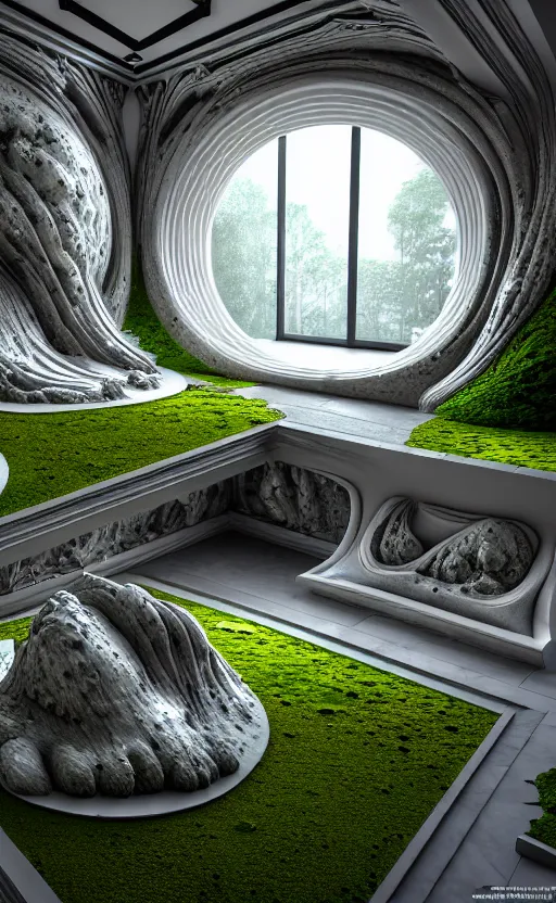 Image similar to highly detailed ultra sharp 3 d render villa interior cinematic composition of a smooth ceramic porcelain biomorphic magnolia stone nebula fluid fractal sci - fi surreal architecture landscape, granite, metallic, magnesium, marble, moss and lichen, vincent callebaut composition, mamou - mani, archviz, beautiful lighting, 8 k, unreal engine, hdr,