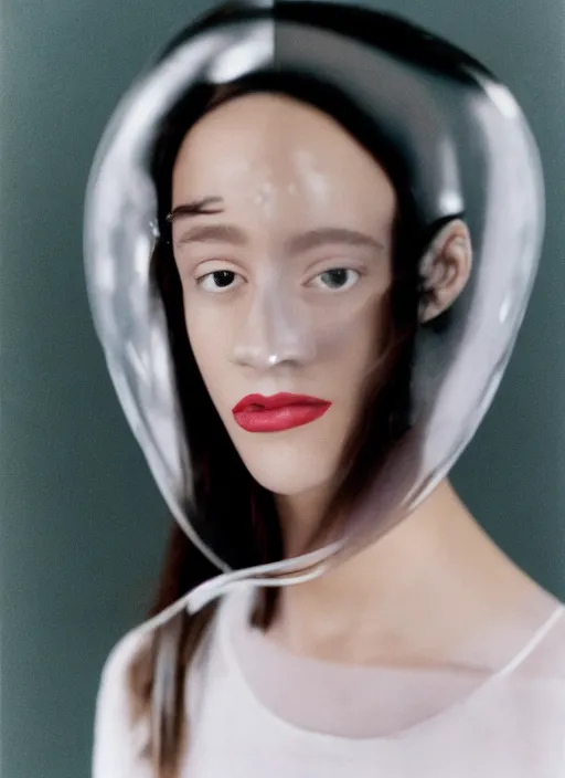 Prompt: a fashion portrait photograph of a woman wearing a transparent plastic mask designed by dieter rams, 3 5 mm, color film camera,