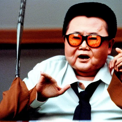 Prompt: movie still of Kim Jong-il wearing a white hockey mask in the role of Jason Voorhees from Friday the 13th (1980), Cooke Varotal 20-100mm T3.1, 35mm film