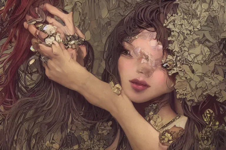 Prompt: elaborately ultradetailed close up portrait of an extremely beautiful girl, artstation, concept art, smooth, sharp focus, illustration, art by alphonse mucha and tian zi and WLOP