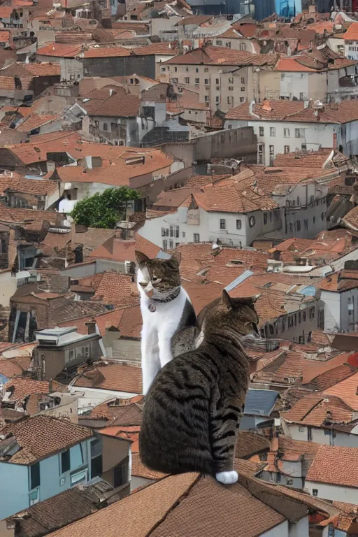 Prompt: a anthropomorphic cat in a cats city from the top of a roof