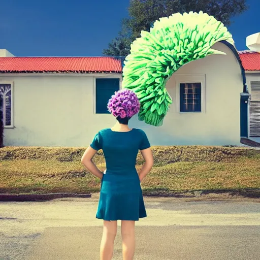 Image similar to giant flower head, full body, girl standing in front of house, surreal photography, symmetry, mid century, flat light, bright colours, blue sky, realistic, wes anderson