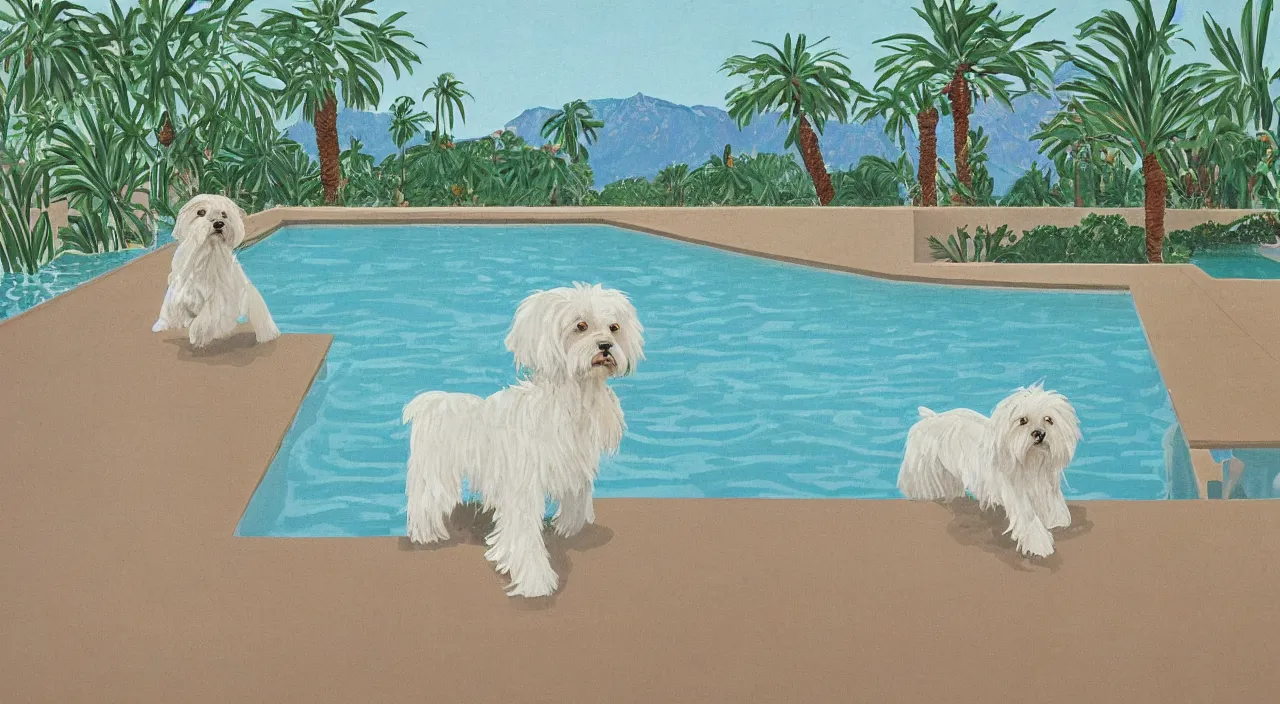 Prompt: medium shot of one cream colored havanese dog swimming in a swimming pool at a mid century modern house in palm springs by david hockney