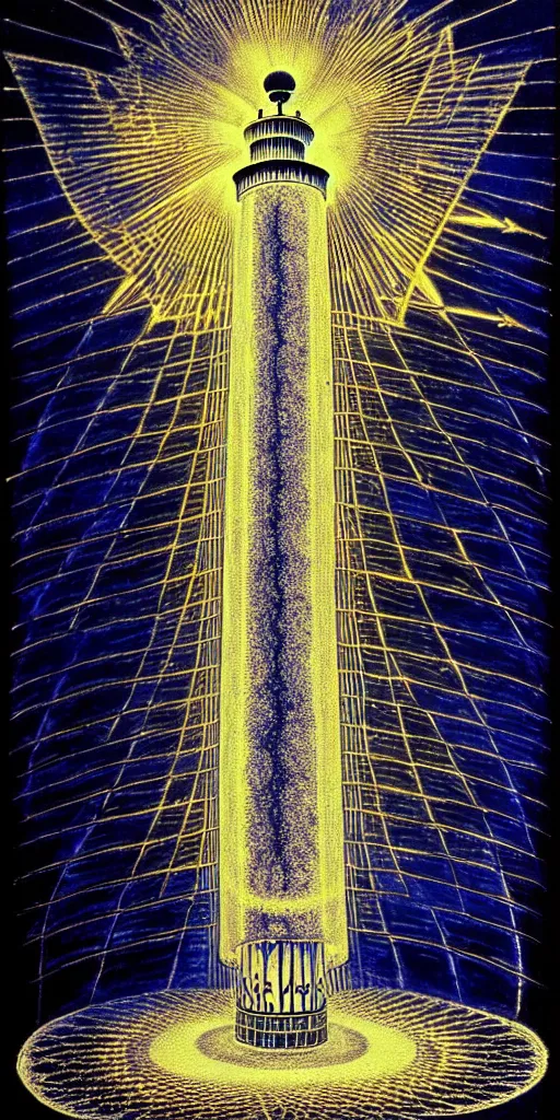 Prompt: an alchemical fiery lighthouse ego - self axis radiates a unique canto'as above so below'while being ignited by the spirit of haeckel and robert fludd, breakthrough is iminent, glory be to the magic within, in honor of saturn, painted by ronny khalil with dramatic lighting from the blue fire's glow