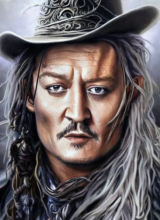 Image similar to John Wayne and Johnny Depp (((fused together))), white glowing eyes, silver shaggy hair, cloak, ethereal wings, male, fantasy, extremely detailed, digital painting, artstation, concept art, smooth, sharp focus, illustration, stunning lighting, art by artgerm and greg rutkowski and alphonse mucha and simon stalenhag, realistic character concept, high fantasy, light atmosphere, golden ratio, cinematic lighting, hyperdetailed, high resolution, insanely detailed and intricate, artstation, Marc Simonetti, Greg Rutkowski, 8k