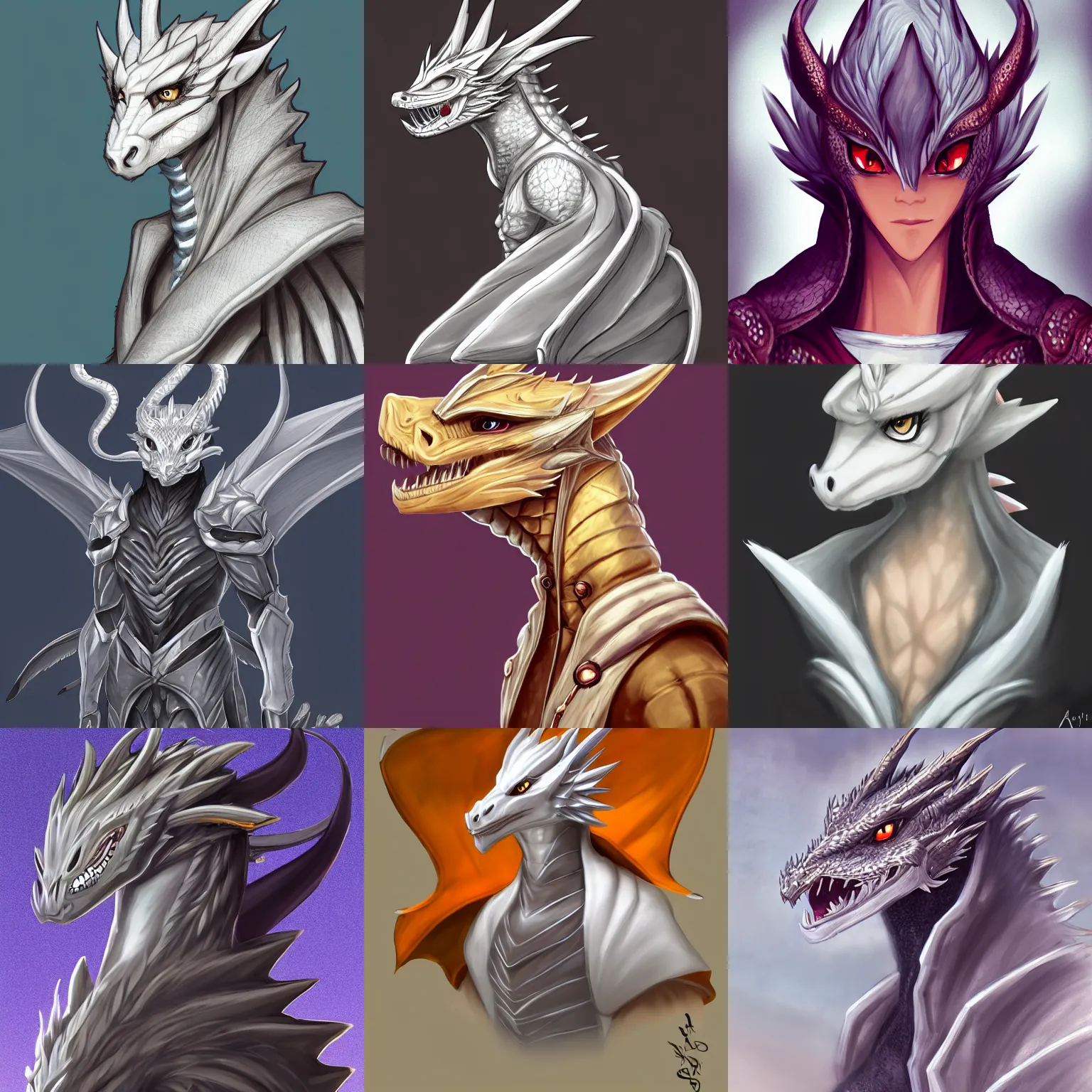 Prompt: very very beautiful half body side angle portrait of a handsome anthropomorphic silver dragon, soft delicate draconic features, cute eyes, wearing a luxurious silk cloak, commission on furaffinity, artstation, high quality digital art, warm colors