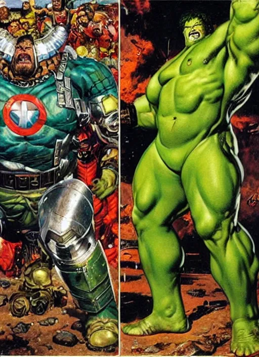 Image similar to full body and head portrait of brian blessed as marvel hulk in metal armour, dynamic action, painted by norman rockwell and phil hale and greg staples and tom lovell and frank schoonover and jack kirby