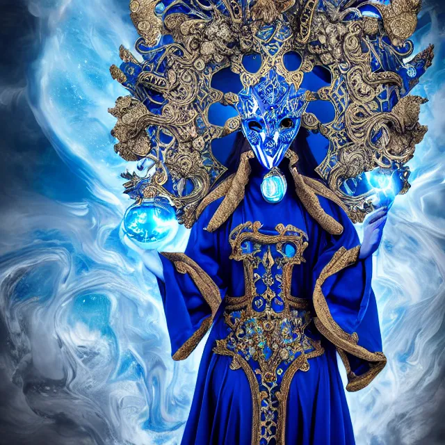 Image similar to beautiful!! elemental sky witch with intricate ornate blue and white robes and venetian mask and sky powers highly detailed 8 k hdr smooth sharp focus high resolution award - winning photo