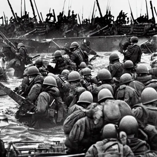 Image similar to go pro footage of d - day invasion, violent, blood, render