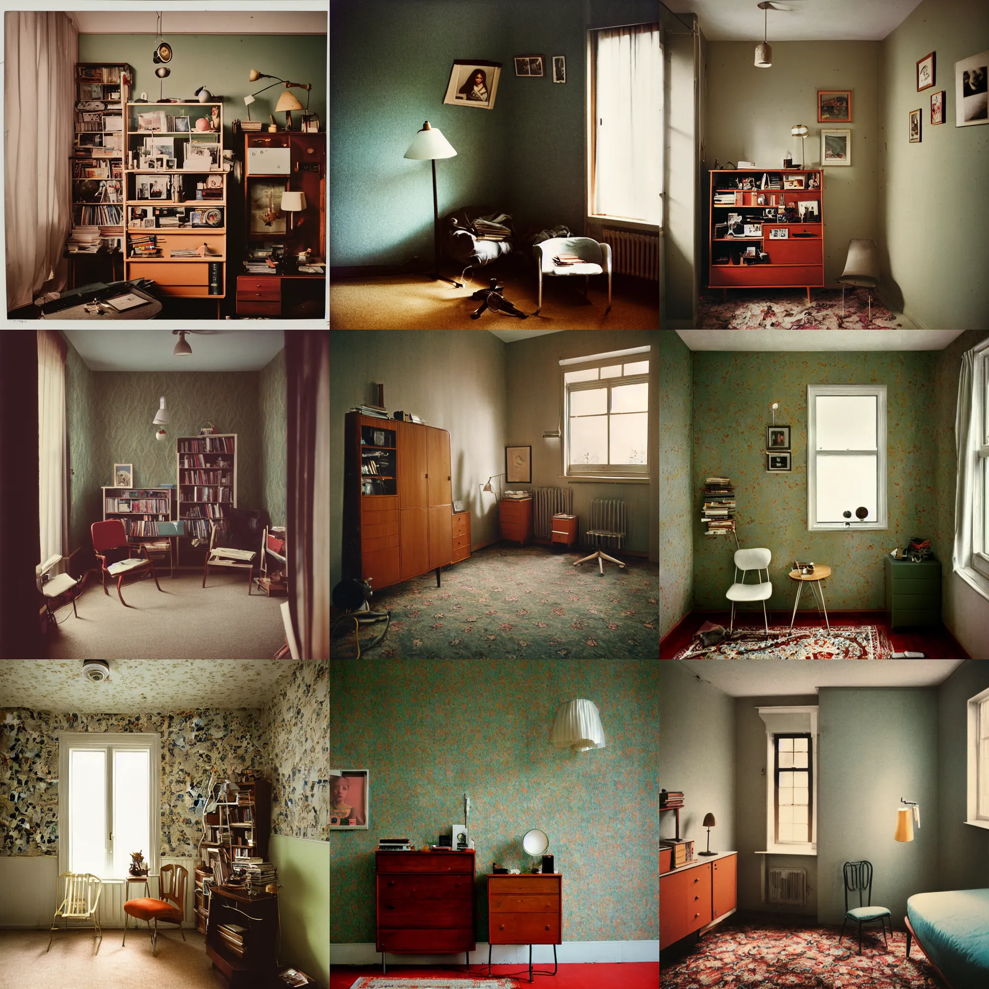 Prompt: kodak portra 4 0 0, wetplate, 8 mm extreme fisheye, award - winning portrait by britt marling of a 1 9 6 0 s room, picture frames, shining lamps, dust, 1 9 6 0 s metal bauhaus furniture, wallpaper, carpet, books, muted colours,