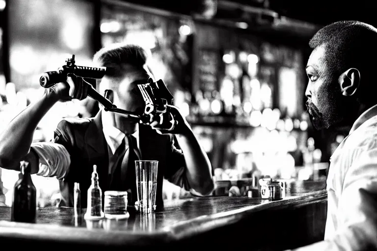 Prompt: portrait of a man in a bar, Tarantino Pulp Fiction style, guns, girls, realistic, sharp focus, 8k high definition, medium format film photography, insanely detailed