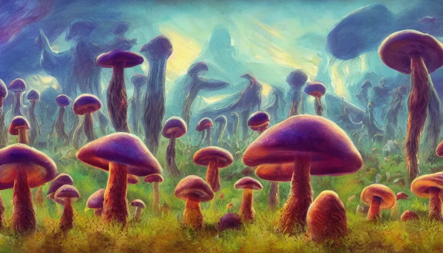 Image similar to a society of many different sentient mushrooms, landscape painting, fantasy, surrealism, plants and nature, warm lighting