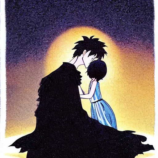 Image similar to ghibli style illustration of the personification of light and the personification of darkness kissing