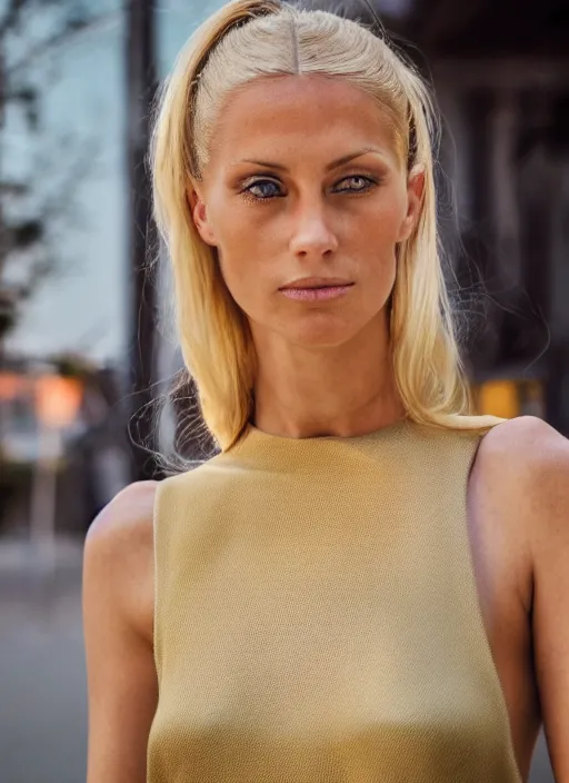 Image similar to color photograph of an olive skinned blonde female model in her early thirties, her hair pinned up, wearing a designer top, looking content, focused on her neck, facing the camera, photo realistic, extreme detail skin, natural beauty, no filter, slr, golden hour, 4 k, high definition, selfie