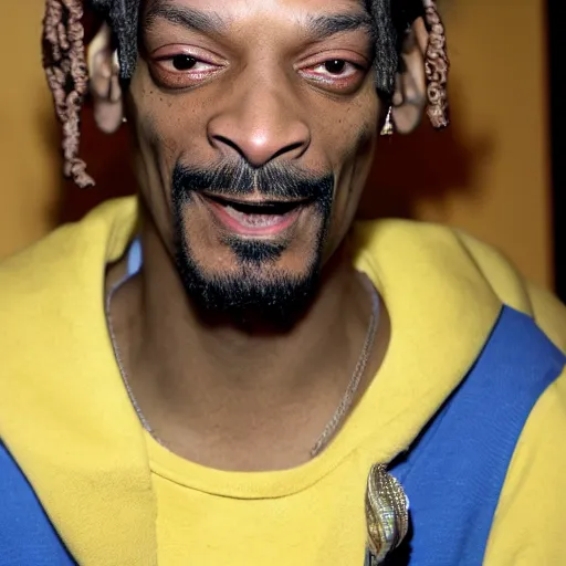 Image similar to Snoop Dog with big eyes eye color red , smiling and holding a joint in his hand