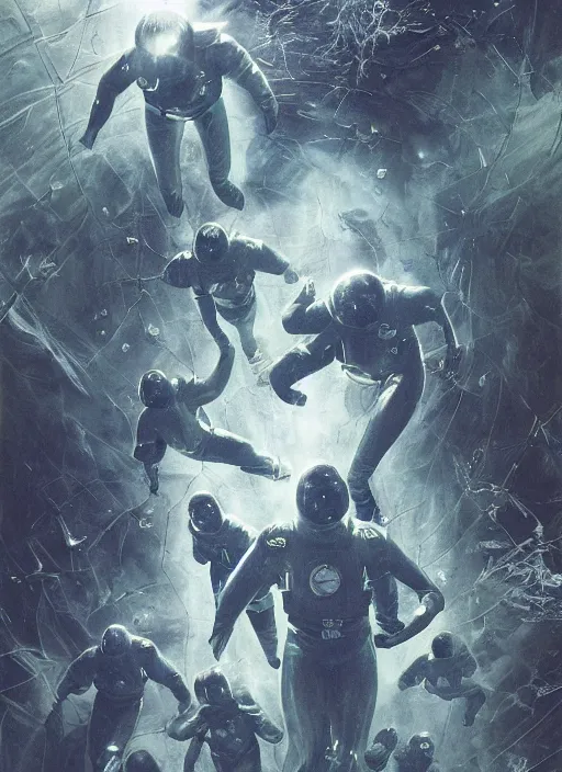 Image similar to astronauts divers in dark void underwater - complex and hyperdetailed technical suit design. reflection and dispersion materials. rays and dispersion of light. volumetric light. f / 3 2. noise film photo. flash photography. ultra realistic, 5 0 mm. poster by wayne barlowe, hajime sorayama aaron horkey, craig mullins