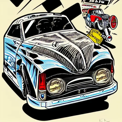 Prompt: Crazy Pop-Wonder NFT Style Racing-Poster Artwork of Jeff DeGrandis Dragfink.com Ed 'BIG DADDY' Roth GIGANTIC-Rat, oversized hero character art, Driving a Hotrod, crazy racer spinning, burnout, smokey tires, classic-cult-comic-style, hand drawn svg, vector artwork