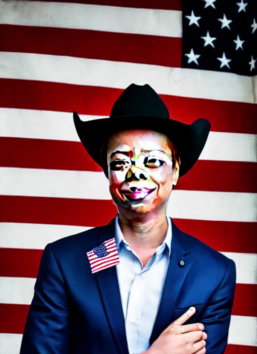 Prompt: election portrait of a person looking like brock pierce, american flag on background, cowboy style.