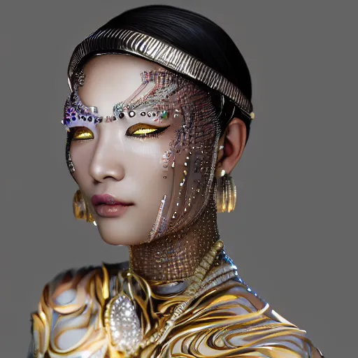 Prompt: asian woman closeup face portrait, face covered with chrome liquid stripes and glowing gems, highly detailed face, elegant pose, intricate, extremy detailed, cgsociety, unreal engine, octane render,, highly detailed 4 k art