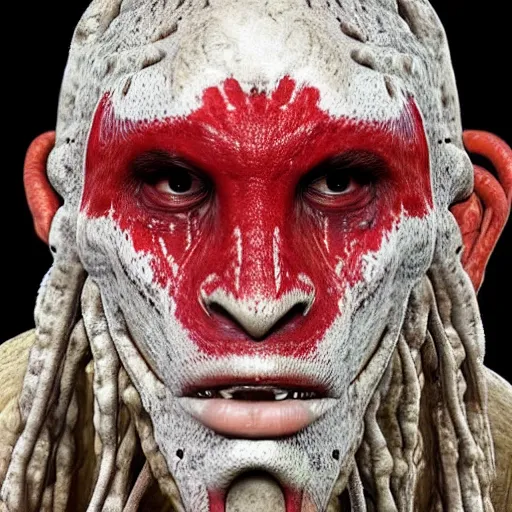 Prompt: Genetic isolation with different environmental pressures yields a variant of yautja… adapted to a drier climate… thinner, waxier dreads, thicker oral tissue, & scalier skin for moisture retention, favors crushing bite for different diet…