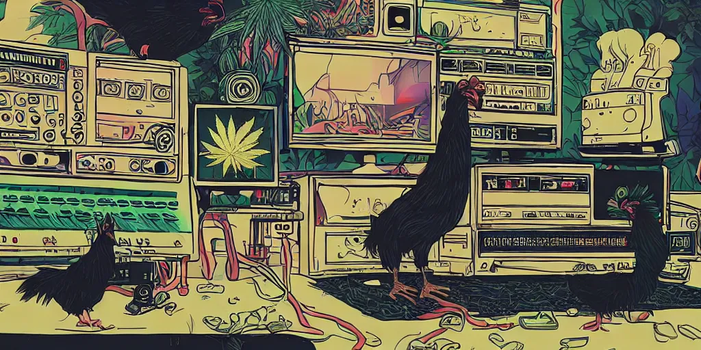 Image similar to 'black chicken'!!! smoking 'cannabis'!!!!!! in front of 'audio console'!!!! and 'multi monitors'!!!! 'in a hi-tech tv broadcasting studio'!!!!, artwork by James Gilleard