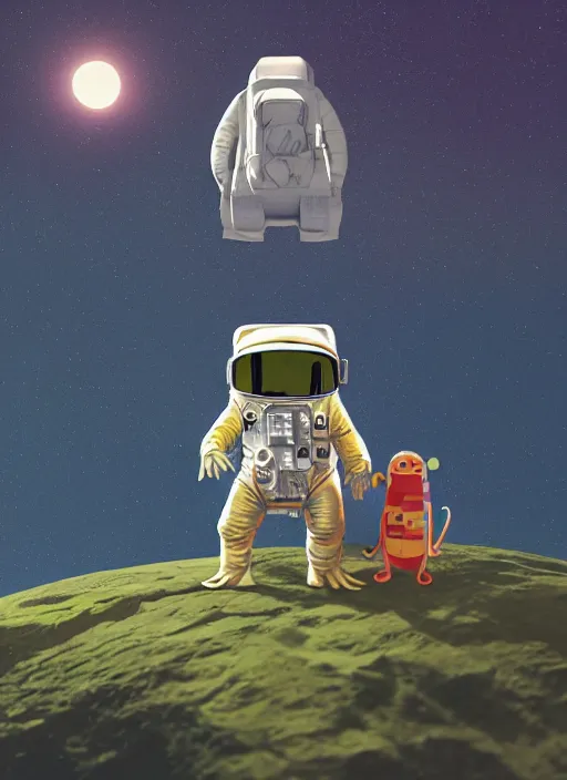 Image similar to a frog 🐸 as a astronaut standing top of the earth 🌎, au naturel, hyper detailed, digital art, trending in artstation, cinematic lighting, studio quality, smooth render, unreal engine 5 rendered, octane rendered, art style by kurzgesagt and nixeu and kim jung gi and greg rutkowski