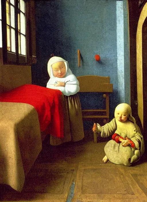 Image similar to cozy children room with toys, there was a crib with very high barred sides against the wall. The boy was holding a toy in his hands, apparently fiddling with it, medieval painting by Jan van Eyck, Johannes Vermeer