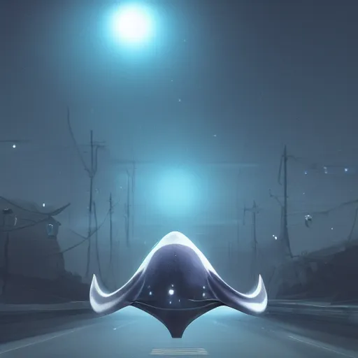 Image similar to old camera footage of a hyperintelligent otherworldly manta ray alien from beyond the stars landing in the middle of a busy road, wearing an odd hooded cowl, with skin that twinkles like the stars, cgi, proper anatomy, sci fi fantasy, photorealistic, pixar, trending on artstation