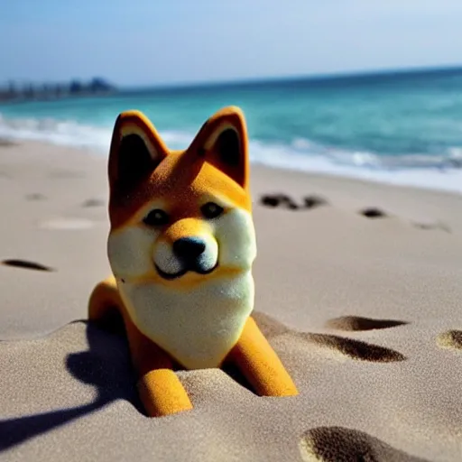 Image similar to shiba inu dog ( doge ) made of sand