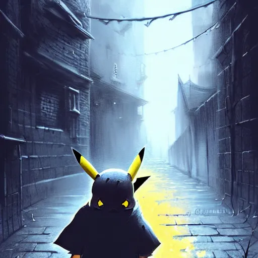 Prompt: pikachu in a back alley, art by greg rutkowski, in the style of bloodborne, intricate, elegant, highly detailed, smooth, sharp focus, artstation