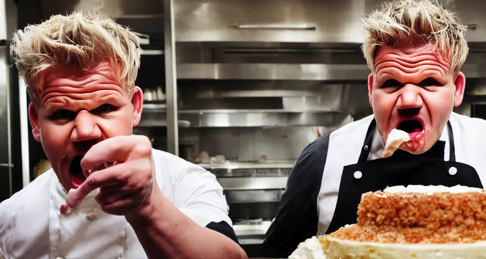 Image similar to photo of angry furious Gordon Ramsay smashing a cake in Gordon Ramsay's face at the kitchen