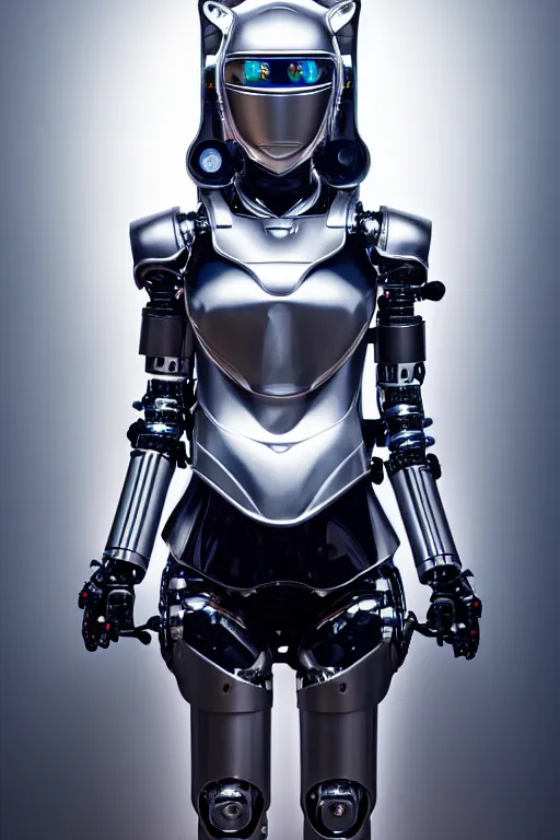 Image similar to cybernetic high tech female knight with cat on her head, sci - fi, cyberpunk, futurism, exoskeleton, robot, strong artificial intelligence, symmetry, cinematic, elegant, luxury, professional studio light, perfect composition, dlsr photography, sharp focus, 8 k, ultra hd, sense of awe, highly detailed, hyper realistic, intricate, science journal cover