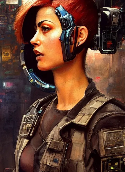 Image similar to Nikki. dangerous beautiful cyberpunk female USN marine wearing a military vest and military jumpsuit (cyberpunk 2077, bladerunner 2049). gorgeous face. Iranian orientalist portrait by john william waterhouse and Edwin Longsden Long and Theodore Ralli and Nasreddine Dinet, oil on canvas. Cinematic, hyper realism, realistic proportions, dramatic lighting, high detail 4k