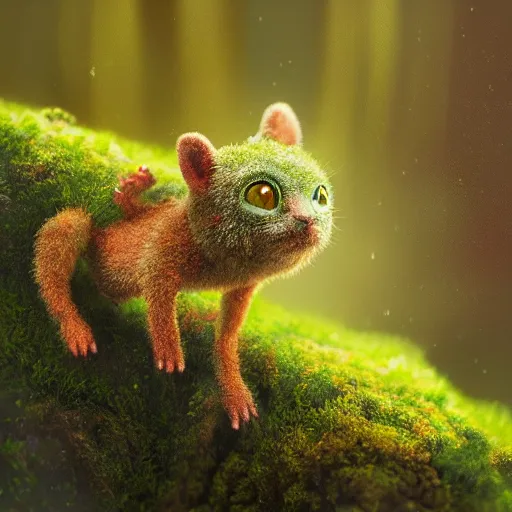 Image similar to a highly detailed painting of a tiny cute mossy forest creature by bobby chiu, big amber eyes, smiling, at sunset, macro photography, goro fujita