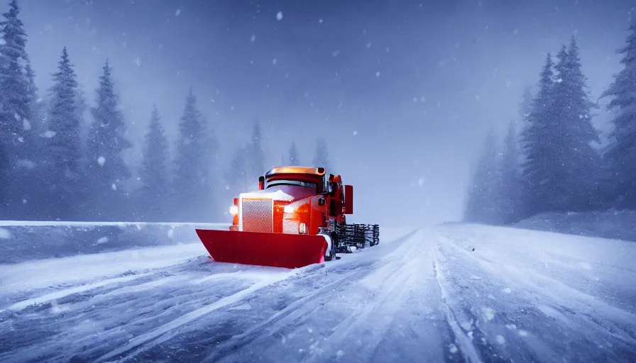 Prompt: A Snowplow!! clearing a beautiful snowy landscape. A blizzard and heavy snow falls. Fog and mist, highly detailed, concept art, digital art, 4k, high snow