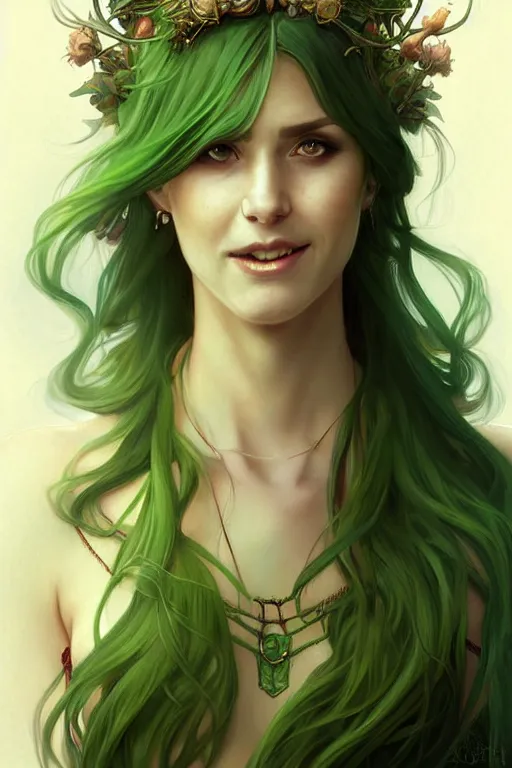 Image similar to Portrait of seductive female druid, D&D, revealing green stylish dress, choker on neck, very long flowing hair, mouth slightly open, cute slightly nerdy smile, fantasy, intricate, elegant, stylish, highly detailed, digital painting, artstation, concept art, smooth, sharp focus, illustration, art by artgerm and greg rutkowski and alphonse mucha