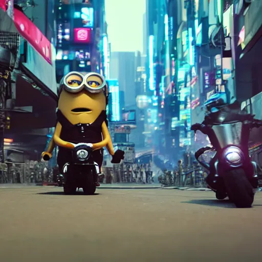 Prompt: minion riding a motorbike in a neotokyo street, cyberpunk, movie still, 4 k