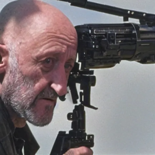 Prompt: Film Still of Mike Ehrmantraut aiming a mounted machine gun, 8k, highly detailed, centered