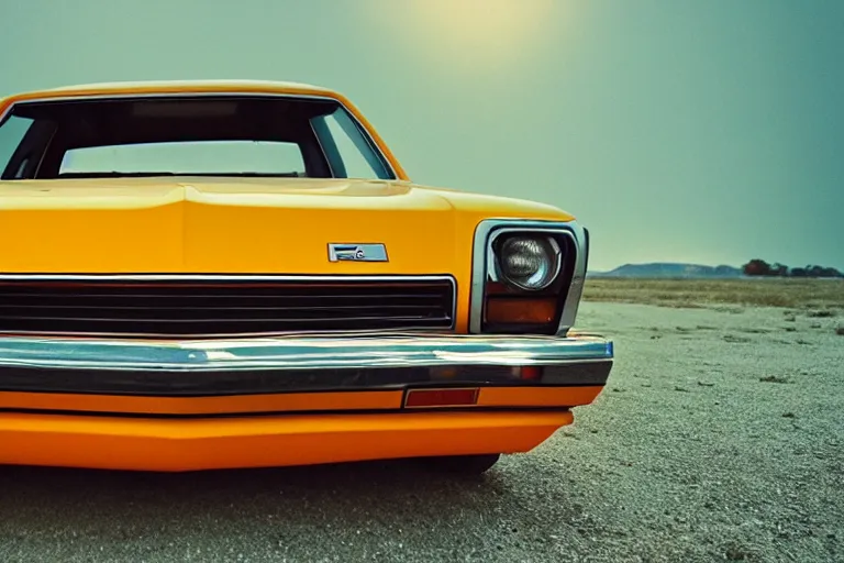 Image similar to 1 9 7 3 ford pinto stationwagon, yellow - orange color, wide - angle lens, dramatic lighting, cool marketing photo