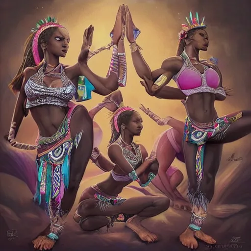 Image similar to beautiful Zulu goddesses doing yoga, focused, worried, highly detailed, artstation, concept art, sharp, illustration, art by artgerm and Ross Tran