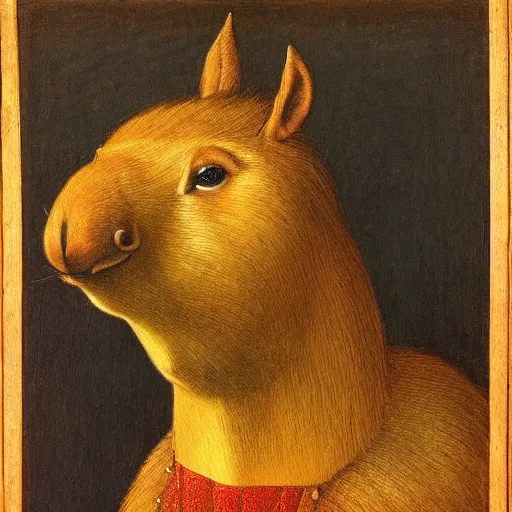 Prompt: sauve capybara wearing formal attire, portrait, painting, vivid colours, Renaissance, detail, da vinci