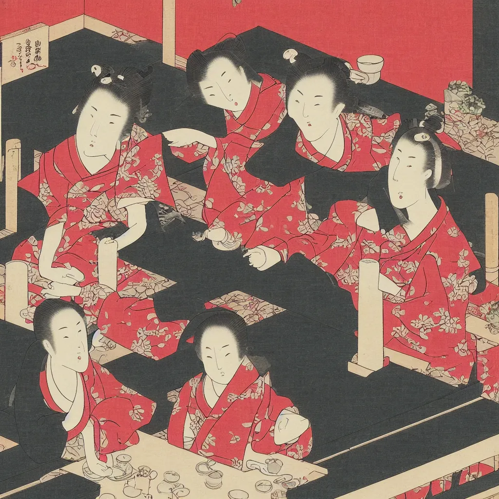 Prompt: Ukiyo-e style picture of two sisters making candles in the balcony. A small white dog is sitting besides them. Highly Detailed. Happy. Joyous. Satisfying. Celestial.