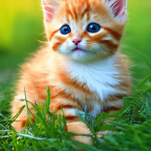 Prompt: cute fluffy orange tabby kitten, golden hour, grass