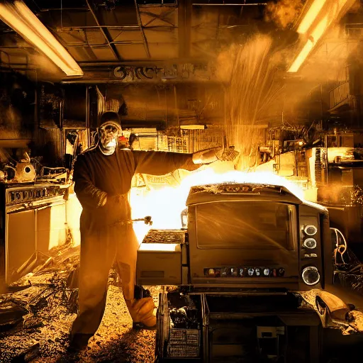 Image similar to cyborg toaster oven repairman, dark messy smoke - filled cluttered workshop, dark, dramatic lighting, orange tint, sparks, plasma rays, cinematic, highly detailed, sci - fi, futuristic, movie still, rule of thirds composition