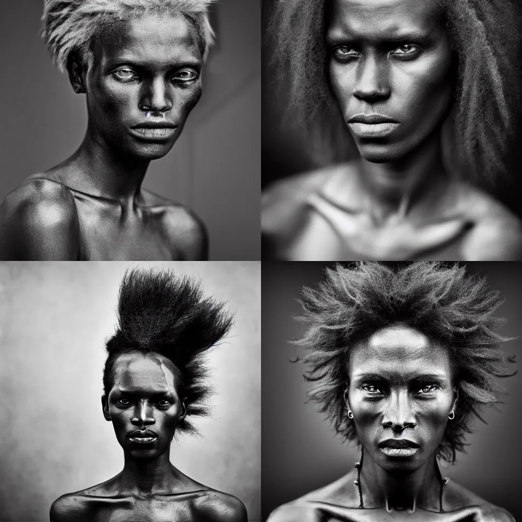 Prompt: Award winning photo of an ancient African androgynous model, with incredible hair and beautiful eyes wearing animal skin by Lee Jeffries, 85mm ND 5, perfect lighting, gelatin silver process
