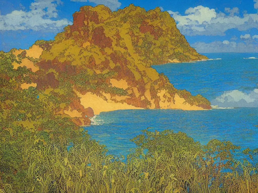 Prompt: Kalapaki Kauai, Hidden lava rock beach lagoon vista, Sunlight Study, by Rebecca Guay and (((((Alphonse Mucha))))) and ((((((Lisa Frank)))))), Art Nouveau, 8k, intense detail, sharp focus