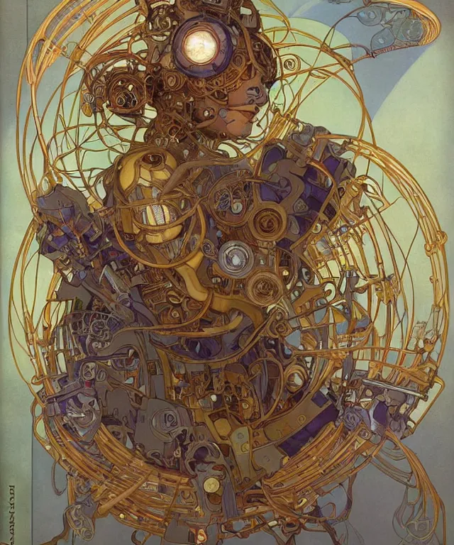 Prompt: realistic detailed portrait of a korgi! mecha cyberpunk! mage! by alphonse mucha and charlie bowater and art germ, rule of thirds, golden ratio, art nouveau! cyberpunk! style, mechanical accents!, mecha plate armor, glowing leds, flowing wires with leaves, art nouveau accents, art nouveau patterns and geometry, rich deep moody colors