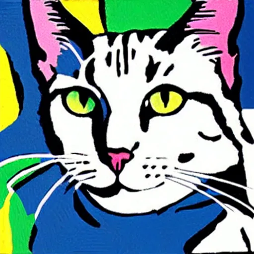 Image similar to a closeup oil portrait of an innocent, elegant cat, smiling, wearing pearl earrings, pop art, by roy lichtenstein