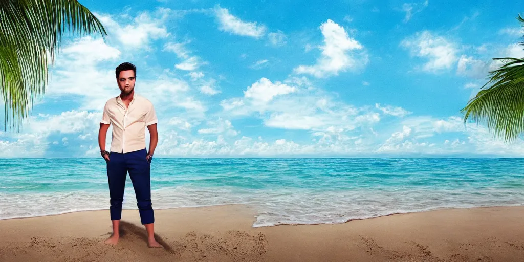 Image similar to a handsome guy is standing tall, in a beautiful shirt, with the beach, sea, sun, rays in the background? super detail, one character